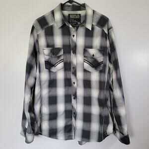 Western Black White Plaid Lightweight Button Up Shirt Mens XL Roll Tab Sleeves